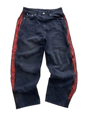 Relaxed Black Jeans with Red Side Stripe